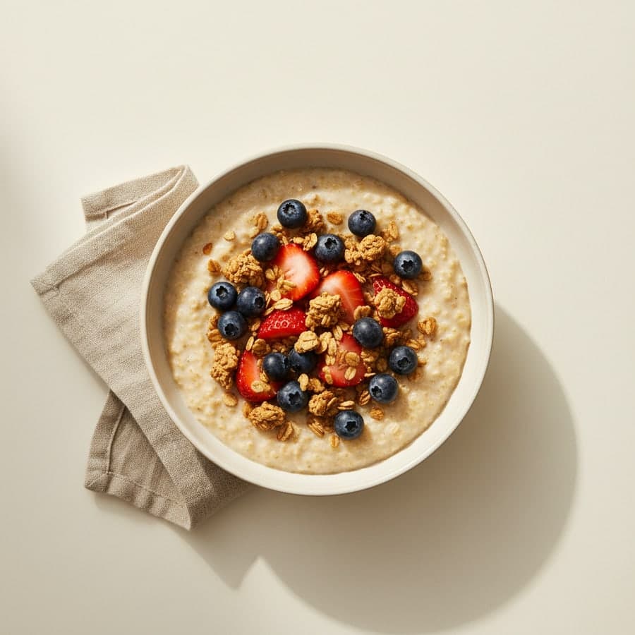 A bowl of porridge topped with berries and granola, seen from above.