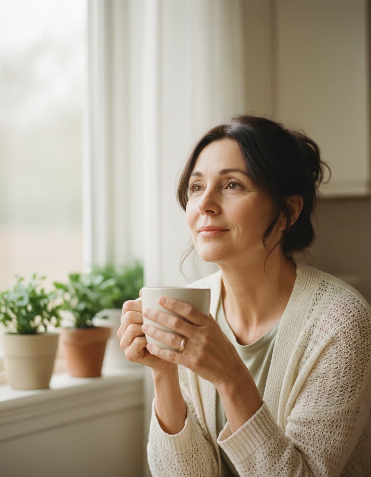 A woman sitting by a kitchen window, holding a mug in both hands and looking out.